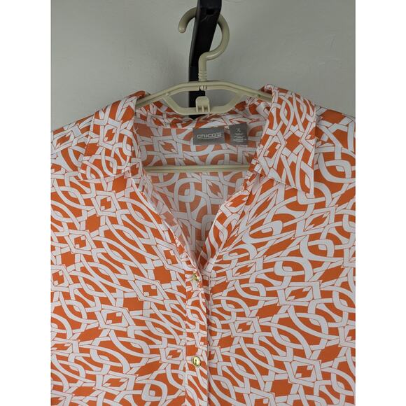 Chico's 3 XL Orange Print Collared Long Roll Tab Sleeve Button Front Blouse - Picture 4 of 7